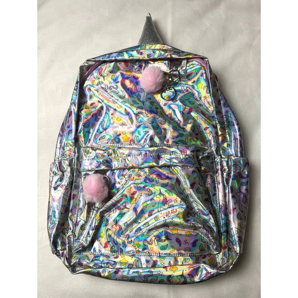 Ombu Girl's Unicorn Rainbow Stars Backpack Iridescent Fabric - Picture 2 of 8